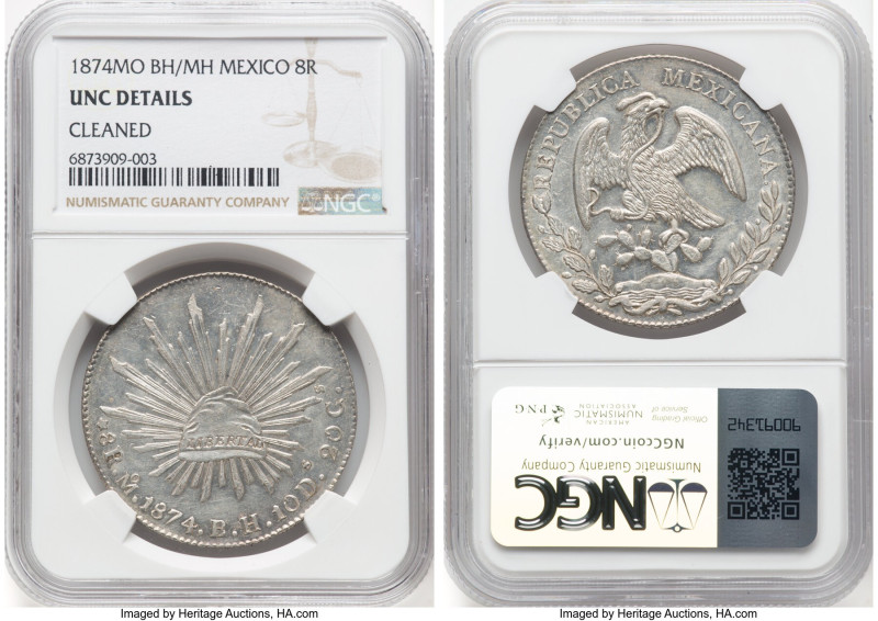 Republic 8 Reales 1874 Mo-BH/MH UNC Details (Cleaned) NGC, Mexico City mint, KM3...