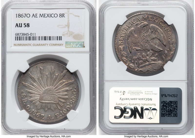 Republic 8 Reales 1867 O-AE AU58 NGC, Oaxaca mint, KM377.11, DP-Oa15 (Scarce). A...