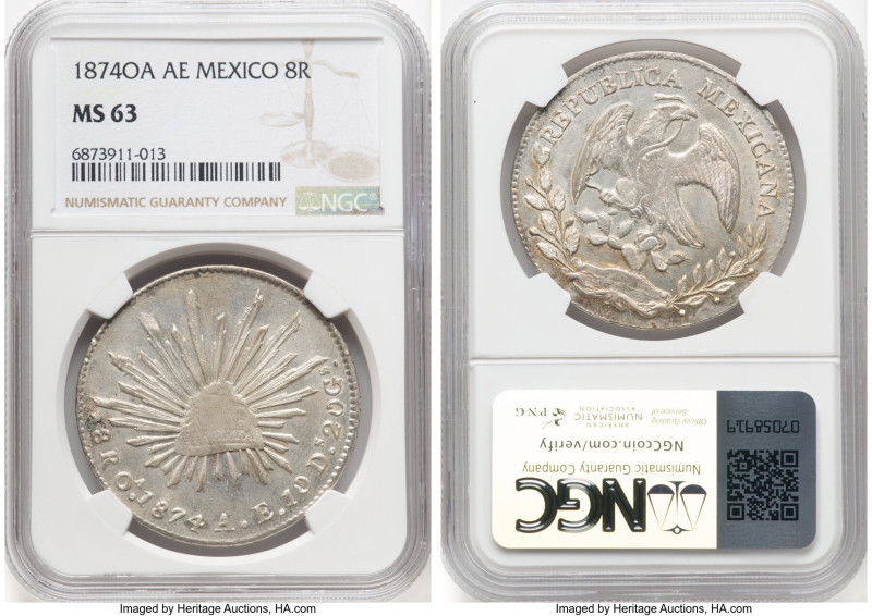 Republic 8 Reales 1874 Oa-AE MS63 NGC, Oaxaca mint, KM377.11, DP-Oa19. A rather ...