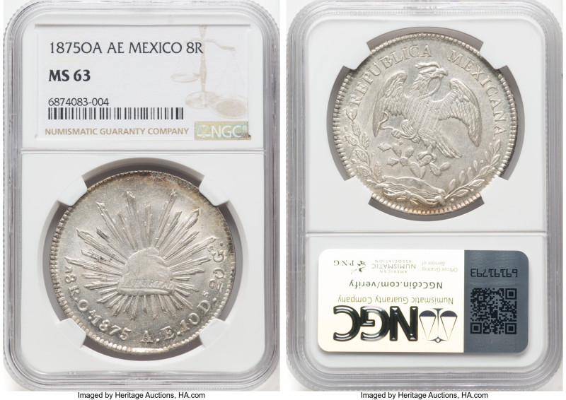 Republic 8 Reales 1875 Oa-AE MS63 NGC, Oaxaca mint, KM377.11, DP-Oa20. A frosty ...