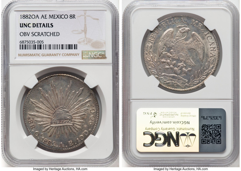 Republic 8 Reales 1882 Oa-AE UNC Details (Obverse Scratched) NGC, Oaxaca mint, K...