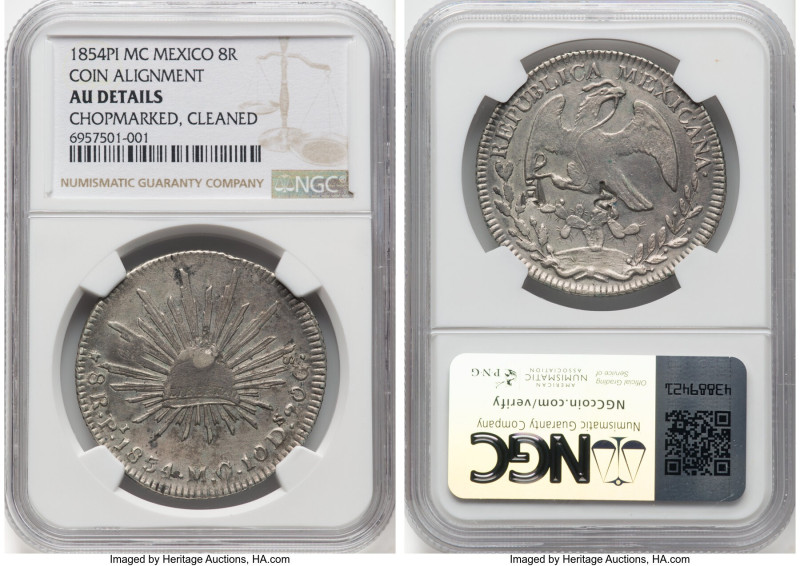 Republic 8 Reales 1854 Pi-MC AU Details (Chopmarked, Cleaned) NGC, San Luis Poto...