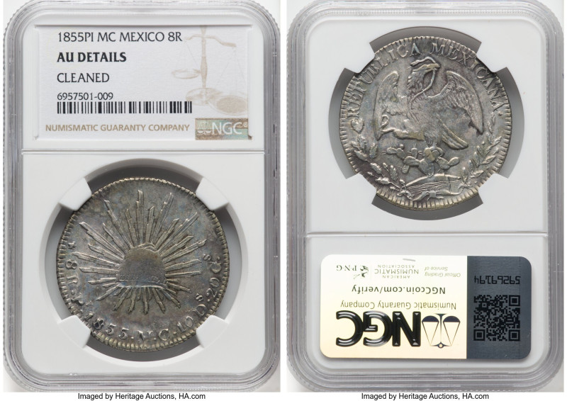 Republic 8 Reales 1855 Pi-MC AU Details (Cleaned) NGC, San Luis Potosi mint, KM3...