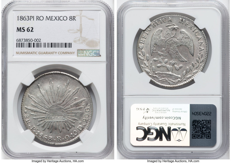 Republic 8 Reales 1863 Pi-RO MS62 NGC, San Luis Potosi mint, KM377.12, DP-Pi50. ...