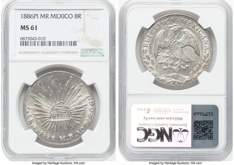 Republic 8 Reales 1886 Pi-MR MS61 NGC, San Luis Potosi mint, KM377.12, DP-Pi77. ...