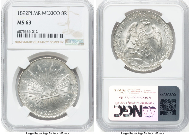 Republic 8 Reales 1892 Pi-MR MS63 NGC, San Luis Potosi mint, KM377.12, DP-Pi83. ...