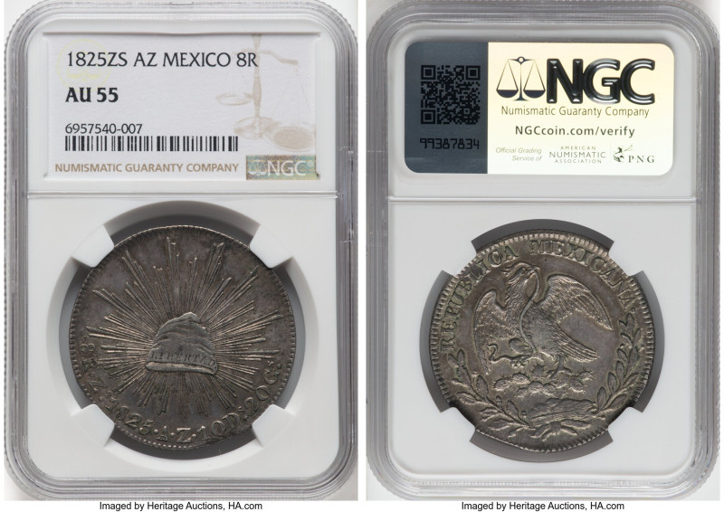 Republic 8 Reales 1825 Zs-AZ AU55 NGC, Zacatecas mint, KM377.13, DP-Zs01. A qual...