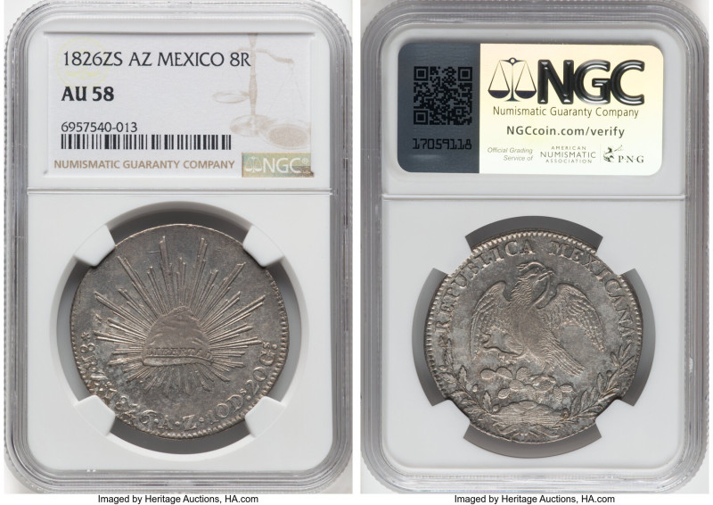 Republic 8 Reales 1826 Zs-AZ AU58 NGC, Zacatecas mint, KM377.13, DP-Zs02. The se...