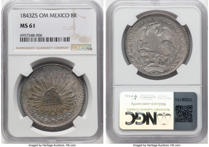 Republic 8 Reales 1843 Zs-OM MS61 NGC, Zacatecas mint, KM377.13, DP-Zs23. HID098...