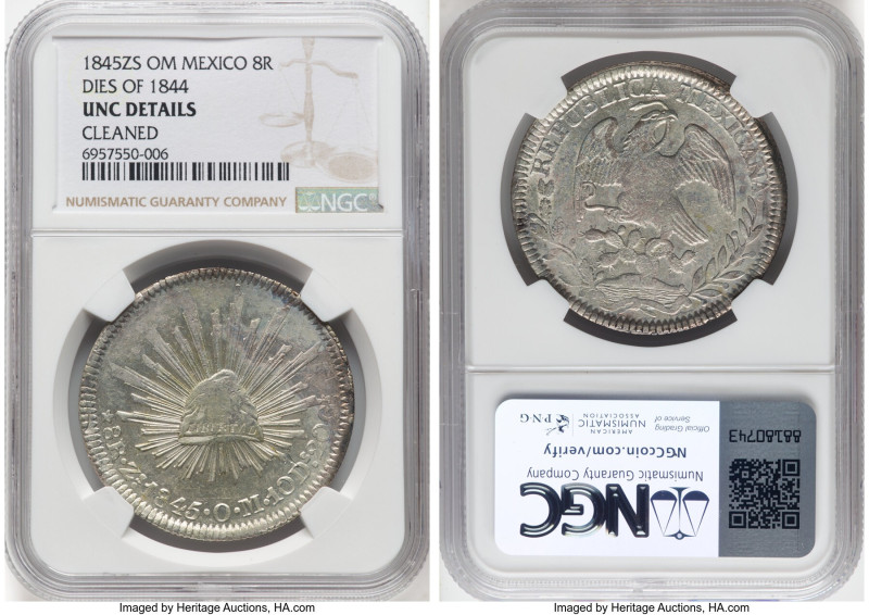 Republic 8 Reales 1845 Zs-OM UNC Details (Cleaned) NGC, Zacatecas mint, KM377.13...