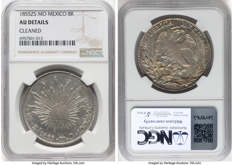 Republic 8 Reales 1855 Zs-MO AU Details (Cleaned) NGC, Zacatecas mint, KM377.13,...