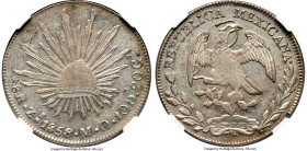 Republic 8 Reales 1858/7 Zs-MO AU53 NGC, Zacatecas mint, KM377.13, DP-Zs39. The overdate on this distinguished Cap & Rays is noted as "very rare" by D...