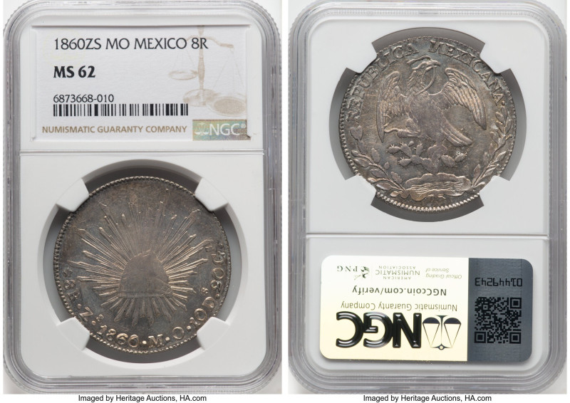 Republic 8 Reales 1860 Zs-MO MS62 NGC, Zacatecas mint, KM377.13, DP-Zs42. HID098...