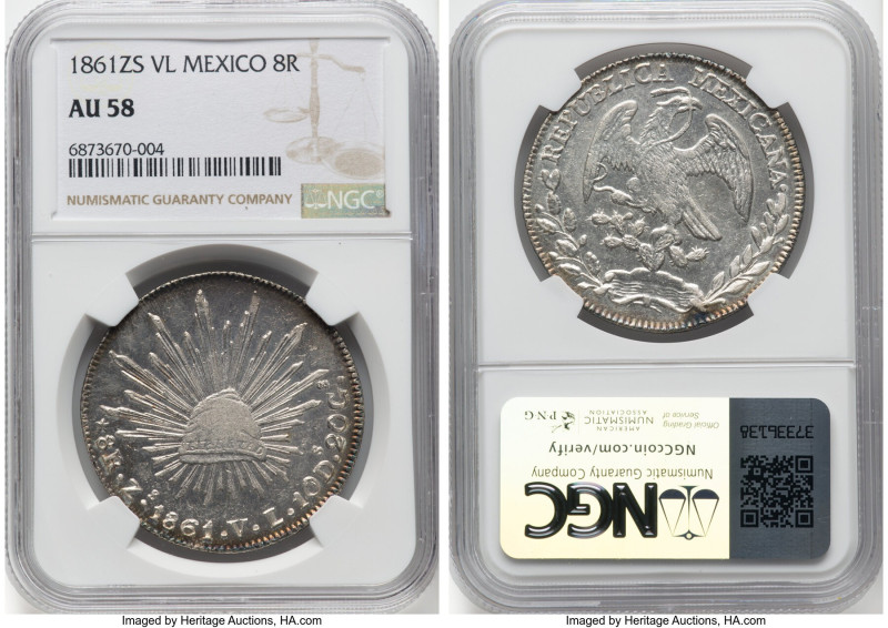 Republic 8 Reales 1861 Zs-VL AU58 NGC, Zacatecas mint, KM377.13, DP-Zs44. HID098...