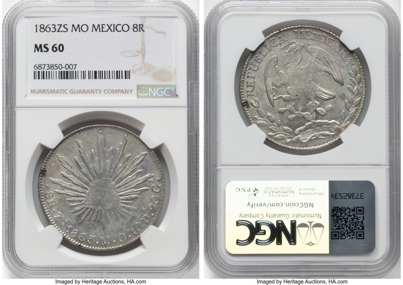 Republic 8 Reales 1863 Zs-MO MS60 NGC, Zacatecas mint, KM377.13, DP-Zs47. HID098...