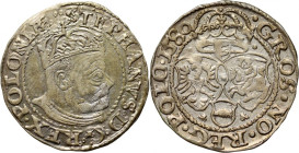 Stefan Batory, grosz 1580, Olkusz, Glaubicz w tarczy i herb Batorych na rewersie R8