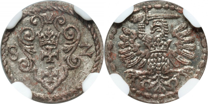 Stefan Batory, denar 1582, Gdańsk Druga najwyższa nota NGC. 12 mm. Reference: Ko...