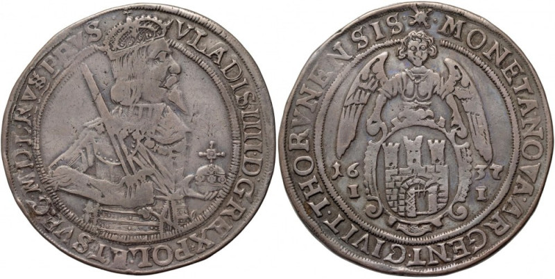 Władysław IV, talar 1637 II, Toruń Srebro 28,45 g. Stara, ciemna patyna. Referen...