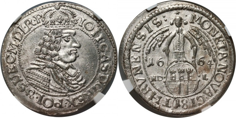 Jan II Kazimierz, ort 1664 HD-L, Toruń Pięknie zachowany. Najwyższa nota NGC. Re...