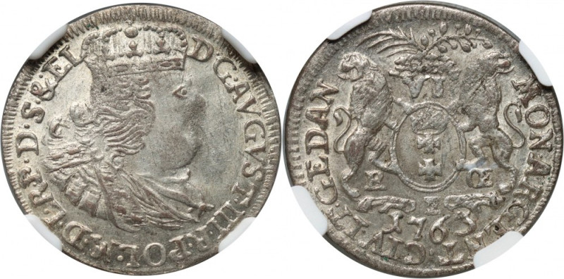 August III, szóstak 1763 REOE, Gdańsk Druga najwyższa nota NGC. Reference: Kopic...