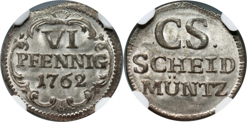 August III, 6 fenigów 1762, Drezno Mint state. NGC's highest grade. Menniczy egz...