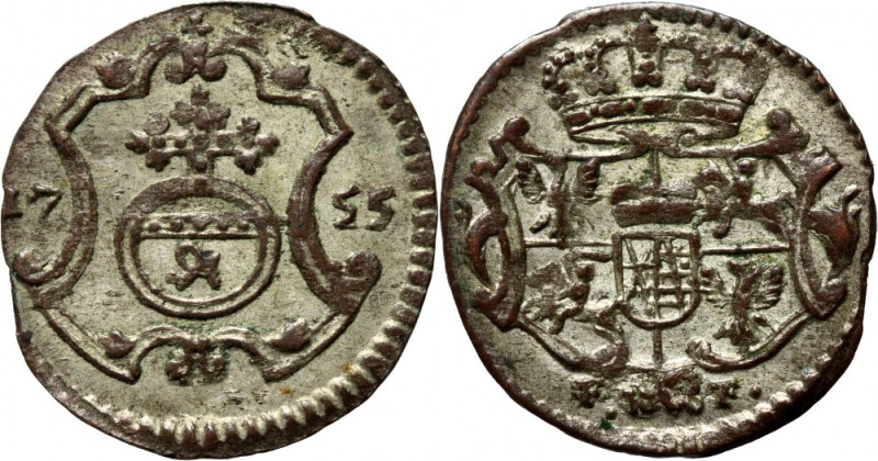 August III, halerz 1755 FWôF, Drezno Pięknie zachowany, w delikatnej, seledynowe...