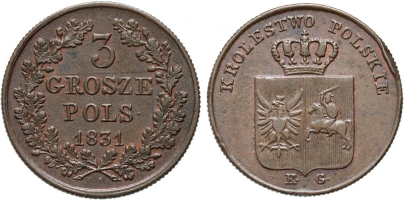 Powstanie Listopadowe, 3 grosze 1831 KG, Warszawa Odmiana z prostymi łapami orła...