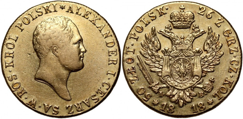 Królestwo Kongresowe, Aleksander I, 50 złotych 1818 IB, Warszawa Złoto 9,76 g. R...