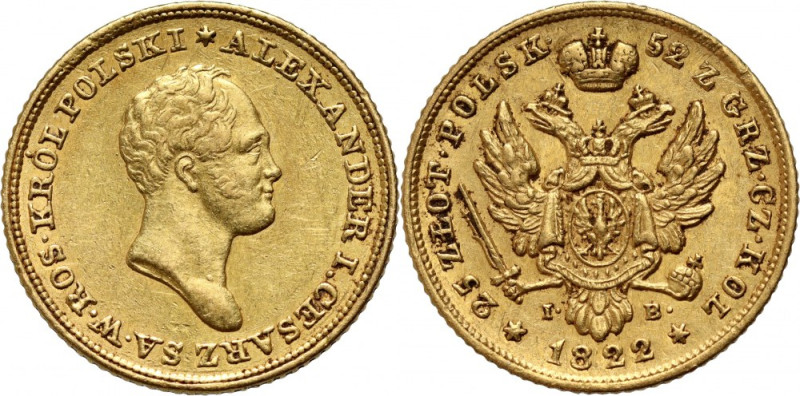 Królestwo Kongresowe, Aleksander I, 25 złotych 1822 IB, Warszawa Złoto 4,89 g. B...