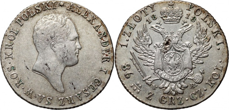 Królestwo Kongresowe, Aleksander I, 1 złoty 1818 IB, Warszawa Ładnie zachowany....