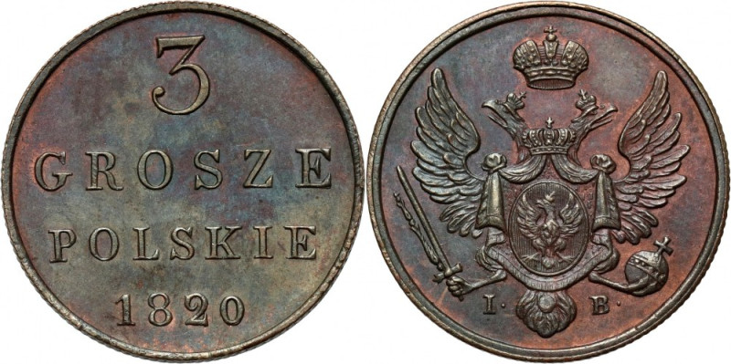Królestwo Kongresowe, Mikołaj I, 3 grosze polskie 1820 IB, Warszawa, Nowe Bicie ...