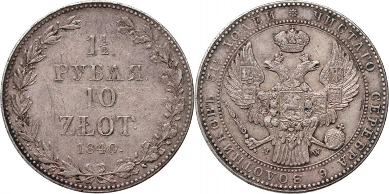Zabór rosyjski, Mikołaj I, 1 1/2 rubla = 10 złotych 1840 MW, Warszawa Bardzo rza...