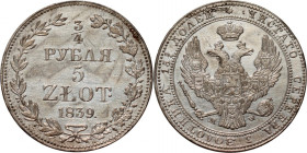 Zabór rosyjski, Mikołaj I, 3/4 rubla = 5 złotych 1839 MW, Warszawa
