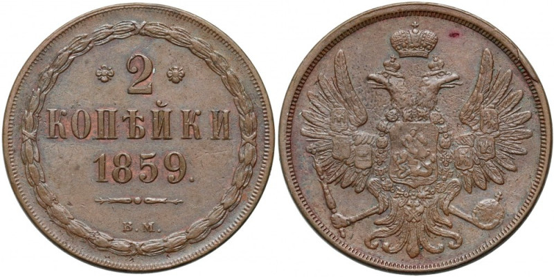 Zabór rosyjski, Aleksander II, 2 kopiejki 1859 BM, Warszawa Bardzo ładnie zachow...