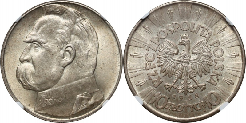 II RP, 10 złotych 1938, Warszawa, Józef Piłsudski Rzadszy rocznik w pięknym stan...