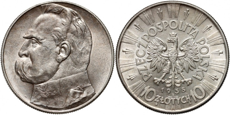 II RP, 10 złotych 1938, Warszawa, Józef Piłsudski Rzadszy rocznik w pięknym stan...