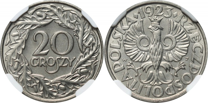 II RP, 20 groszy 1923 Reference: Parchimowicz 105
Grade: NGC MS67