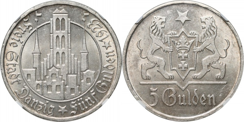 Wolne Miasto Gdańsk, 5 guldenów 1923, Utrecht, Kościół Marii Panny Rzadkie w tak...