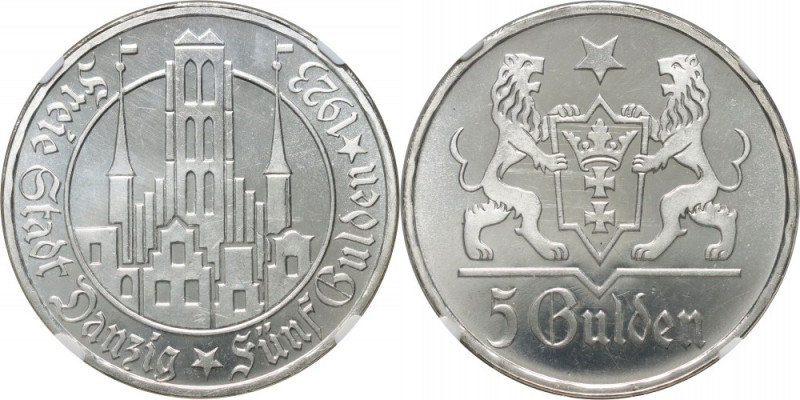 Wolne Miasto Gdańsk, 5 guldenów 1923, Utrecht, Kościół Marii Panny, stempel lust...