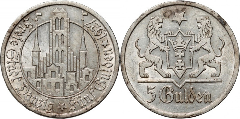 Wolne Miasto Gdańsk, 5 guldenów 1927, Berlin, Kościół Marii Panny Srebro. Bardzo...