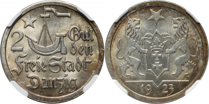 Wolne Miasto Gdańsk, 2 guldeny 1923, Utrecht, Koga Piękny, menniczy egzemplarz. ...