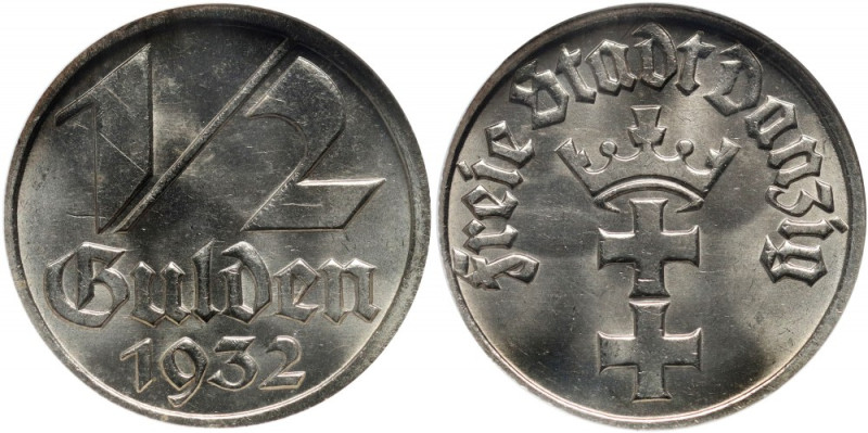 Wolne Miasto Gdańsk, 1/2 guldena 1932, Berlin Menniczy egzemplarz w starym slabi...