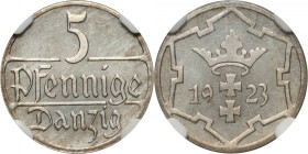 Wolne Miasto Gdańsk, 5 fenigów 1923, Berlin, stempel lustrzany (Proof)