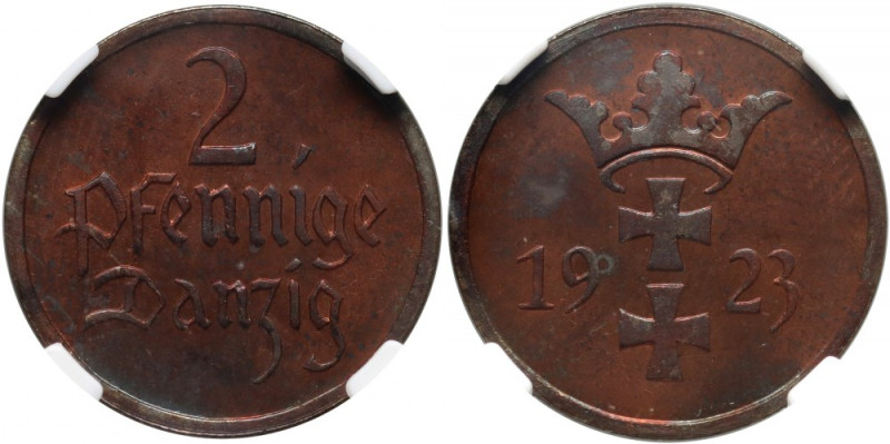 Wolne Miasto Gdańsk, 2 fenigi 1923, Berlin, stempel lustrzany (Proof) Pięknie za...