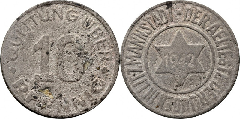 Getto w Łodzi, 10 fenigów 1942 typ II, magnez, certyfikat Waga 0,68 g. Rzadkie w...