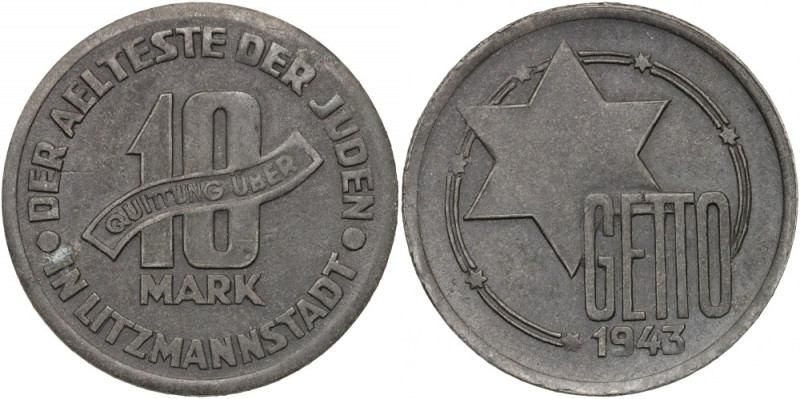 Getto w Łodzi, 10 marek 1943, magnez, certyfikat Magnez, waga 1,63 g. Odmiana 2/...