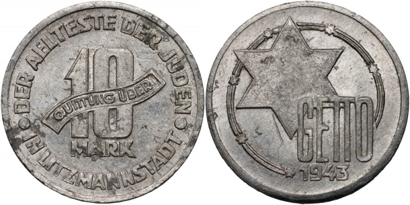 Getto w Łodzi, 10 marek 1943, aluminium, certyfikat Aluminium, waga 3,48 g. Odmi...