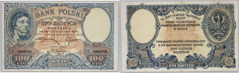 II RP, 100 złotych 28.02.1919, seria S.A. Numer 6962705. Trzy złamania w pionie,...