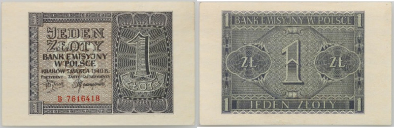 Generalne Gubernatorstwo, 1 złoty 1.03.1940, seria B Numer 7616418. Delikatnie z...