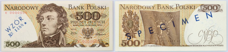 PRL, 500 złotych 16.12.1974, WZÓR, No. 1488, seria K Numer 0000000. Niewielki de...